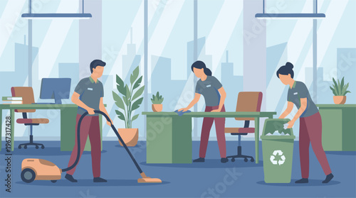 Office cleaning team performing various tasks in a contemporary workspace
