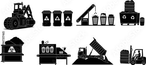 Professional industrial waste management and recycling collection set with heavy machinery forklift truck landfill compactors biohazard bins and conveyor belt system vector silhouettes 