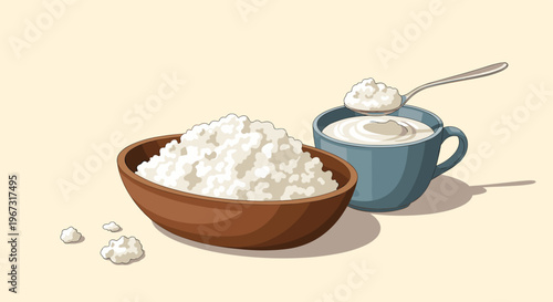 Healthy breakfast scene with a wooden bowl filled with cottage cheese and a cup of yogurt with a spoon.