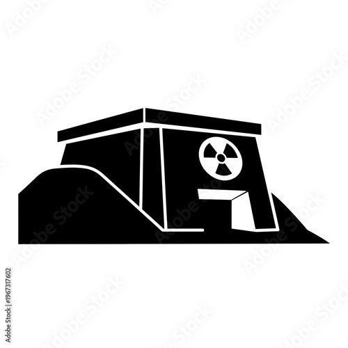 Nuclear facility silhouette depicting a building with radiation symbol and entrance.