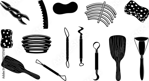 Professional pottery tools set vector illustration featuring ceramic sculpting equipment clay modeling supplies sculpting wire loops sponges and wooden scrapers for artistic pottery workshop design.