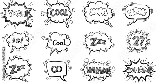 Comic Expression and Sound Effects Set Featuring "Yeah!", "Cool!", "Zzz", "Wham!" and More in Fun Speech Bubbles
