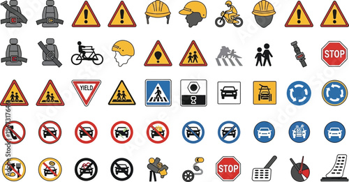 Assorted road and traffic symbols.