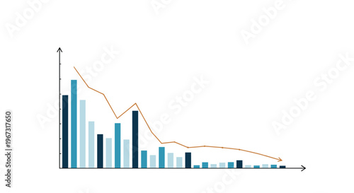 Financial bar chart showing a downward trend with blue bars and a descending orange arrow indicating decline.
