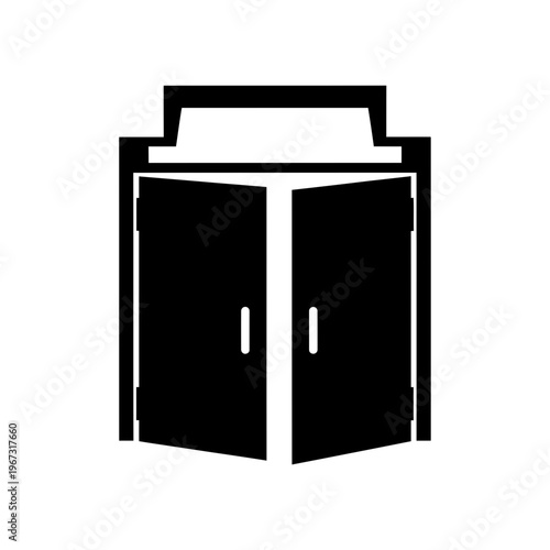 Open double doors with a decorative top black and white illustration.