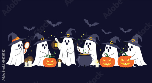 Collection of cute pixel art ghosts wearing witch hats celebrating Halloween with pumpkins and a bubbling cauldron in the moonlight.