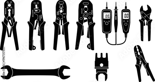Professional vector illustration set of electrical hand tools including wire strippers crimpers cable cutters digital multimeters and open end wrench silhouettes for industrial maintenance projects.