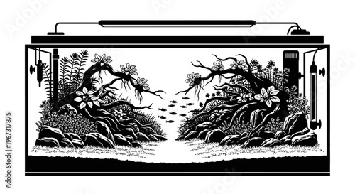 Fish tank with aquatic plants and fish.