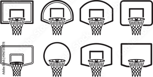 Black silhouette illustrations of basketball hoops and backboards isolated on transparent background