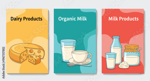 Three colorful flyer templates for dairy, organic milk, and milk products featuring cheese, yogurt, and bottles.