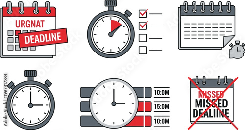 Urgent Deadline and Missed Task Icons Set with Stopwatch, Calendar, and Time Management Symbols for Project Scheduling and Time Tracking