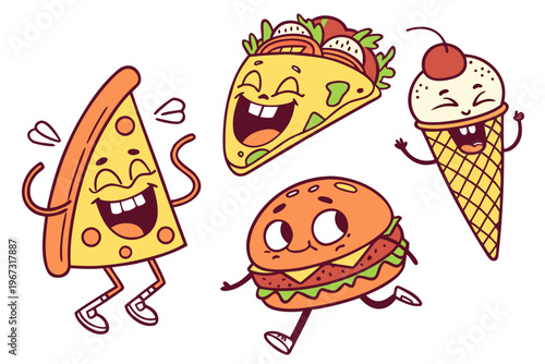 A cheerful collection of smiling food characters including a laughing pizza slice, dancing taco, winking burger, and jumping ice cream cone, bold outlines, bright colors, flat design, cartoon style. 