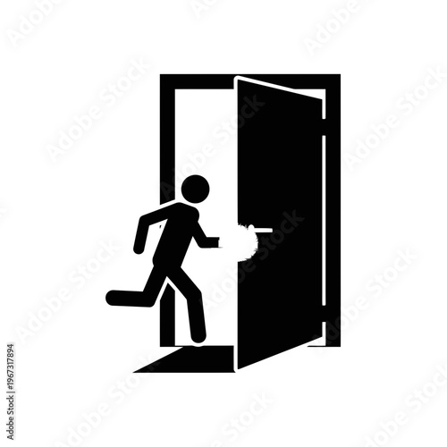 Silhouette of a person running through an open doorway emergency exit concept.