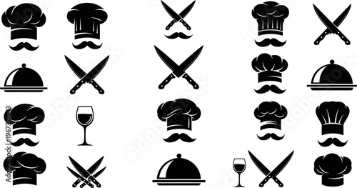 Professional set of restaurant chef black silhouette icons featuring culinary hats with mustaches, crossed kitchen knives, elegant food serving cloches, and wine glasses for dining.