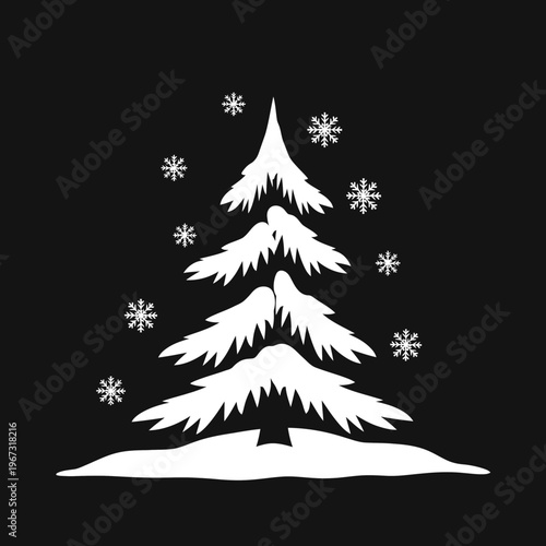 White Christmas tree silhouette with snowflakes on a black background.