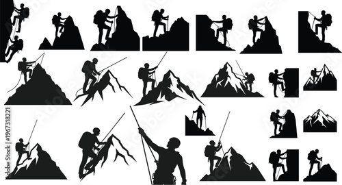 Set of Climbing and Mountaineering Silhouettes for Adventure, Outdoor, and Sports Design Projects