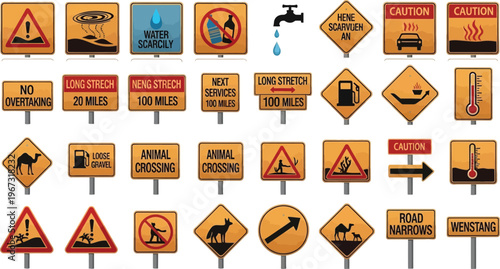 Assorted yellow caution signs.