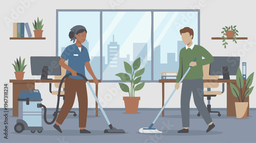 Professional cleaning service staff tidying a modern office workspace.