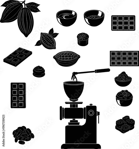 Vector cocoa bean processing silhouettes including chocolate bars grinder cocoa pods and gourmet confectionery items for professional food industry design and manufacturing branding concepts.