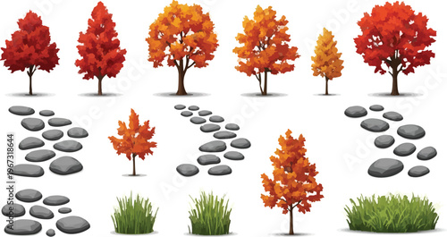 Autumn landscape garden elements, set of 15 vector assets with red maple trees, stone path walkways and green grass tufts for park design isolated PNG with Transparent Background