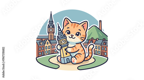 Cute Cartoon Cat Holding a Miniature Tower in a Cityscape