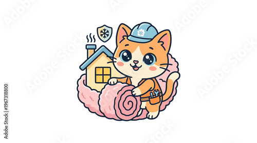 Cute Cartoon Cat Insulating a House