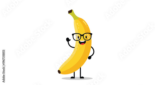 Cheerful yellow banana character wearing black glasses and waving a hand isolated on a white background.