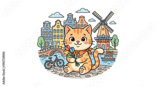 Cute Cat Visiting Amsterdam with Tulips and Windmill