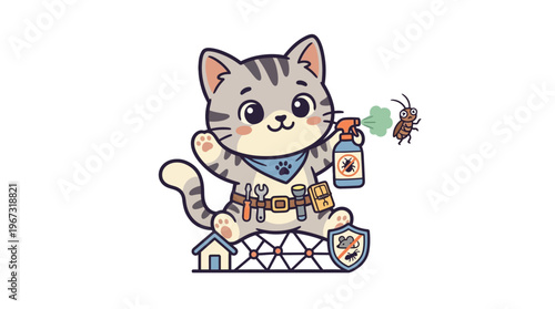 Cute Cat Pest Control Mascot with Spray and Bug