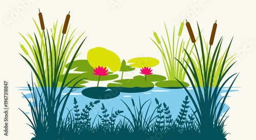 Lily pads with pink flowers floating.