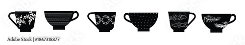 Minimalist coffee mug and tea cup icons set for cafe and restaurant menu. A diverse vector icon set of coffee cups and mugs in black, vector illustration.