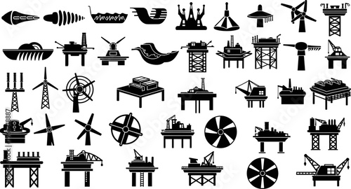 Vector silhouettes set of industrial heavy machinery offshore oil platforms wind turbines renewable energy towers power plants engineering equipment and sustainable factory 