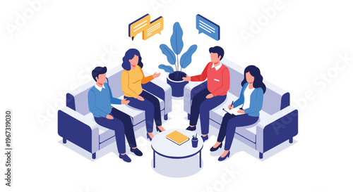 Diverse group of professional people sitting on comfortable sofas while having a collaborative business discussion in a modern office environment.