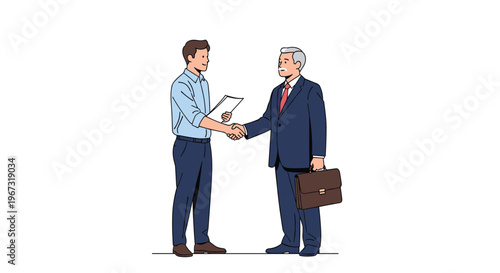 Professional business partners shaking hands after successful negotiation or agreement between a younger employee and a senior manager with briefcase.