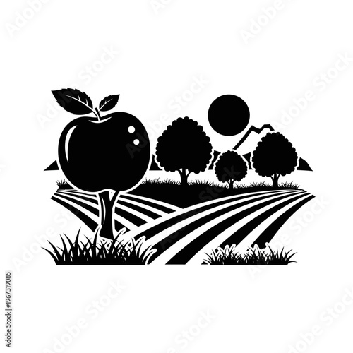 Black and white apple illustration with leaves a classic fruit symbol.