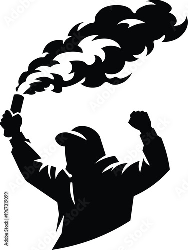 Sports Fans Silhouette Vector, Crowd Celebrating with Raised Fist and Smoke Flare