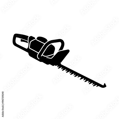 Black and white illustration of a hedge trimmer for gardening and landscaping.
