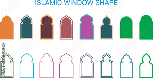 Islamic arch window frames set, pastel mihrab shapes, mosque niche silhouettes, decorative vector templates for Ramadan and Eid, oriental style, vector illustration