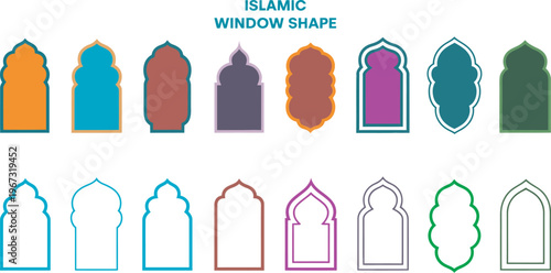 Islamic arch window frames set, pastel mihrab shapes, mosque niche silhouettes, decorative vector templates for Ramadan and Eid, oriental style, vector illustration