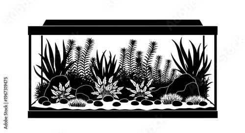 Black and white aquarium plants illustration.