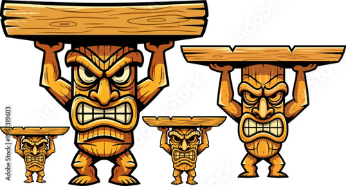 Tiki totem, tribal icons, wooden mask illustrations, vector graphics
