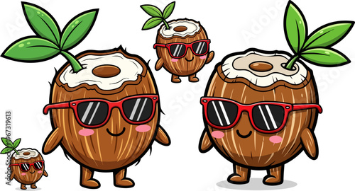 Funny cartoon coconut characters, cute tropical icons, colorful fruit illustrations, summer vibes graphics