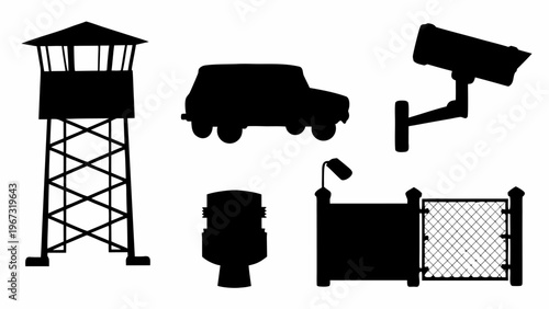 Border security icons set with watchtower vehicle cctv camera fence and gate in black silhouette on white background