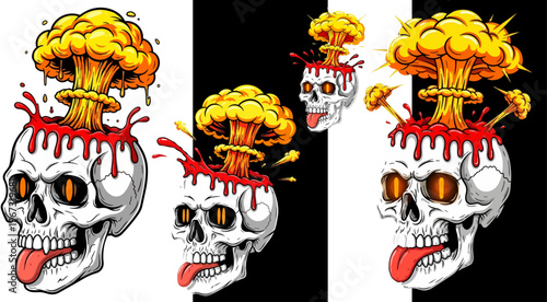 Nuclear explosion skulls, radioactive danger symbols, vector bomb illustrations, skulls with atomic blasts