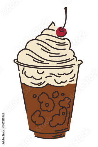 Frappuccino, flat illustration of a cold coffee drink, espresso and milk with ice, garnished with whipped cream and a cherry, in a clear plastic cup, Milk chocolate shake