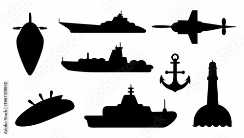 Naval defense icons set with black silhouettes of warships submarines and aircraft on white background for military