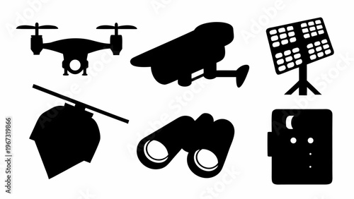 Surveillance icons set including drone camera satellite dish helmet binoculars and spyglass on white background
