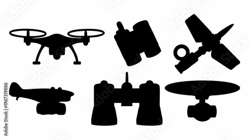 Black silhouettes of surveillance and reconnaissance icons set including drone binoculars satellite and spy plane