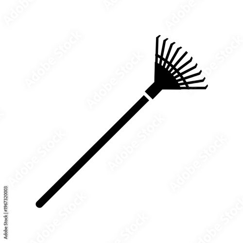 Black rake tool isolated on white background for gardening and yard work.