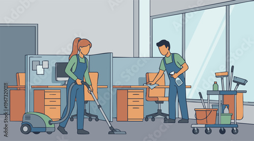 Professional cleaning staff working diligently in a modern office environment